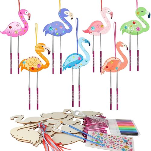 KALANKA-Lot de 12 carillons à vent en bois en forme de flamant rose avec 12 crayons aquarelle colorés - Carillon éolien - Pour anniversaire, fête