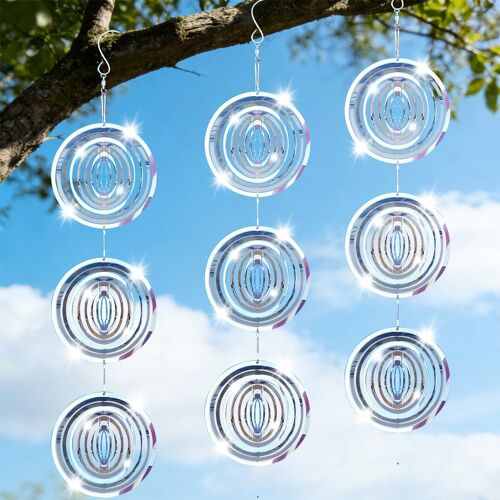 KALANKA-Lot de 3 carillons éoliens ronds 3D en acier inoxydable pour répulsif contre les oiseaux - Carillons à vent réfléchissants 3D en acier inoxydable pour balcon, jardin, étang, disques effrayant