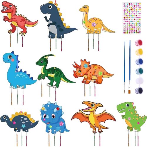 KALANKA-10 Pièces De Carillons Éoliens De Dinosaures Faits À La Main Et 1 Jeu De Pigments, Art du Bois De Bricolage pour Enfants, Décoration Peinte À La Main, Matériaux d'art Créatifs.