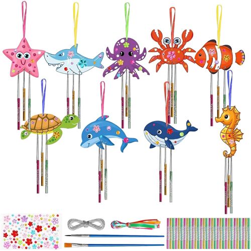 KALANKA-9 Pièces Kit Bricolage Enfant Carillons Eoliens en Bois, Atelier Creatif Enfant Ensemble Carillons à Vent Animaux Marins, Kits de Loisirs Créatifs pour Cadeau Anniversaire Fête Party 3-10 Ans