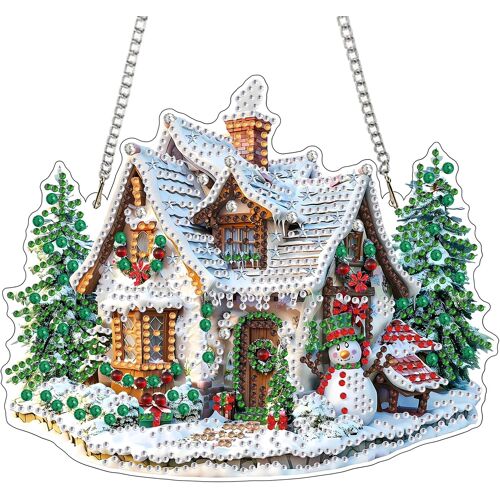 Kalanka-Maison Diamond Painting Pendentif,Hiver Diamant Painting Hanging Ornements Kits Special Shaped Diamond Painting Pendentif Diy Carillon Éolien 5d Peinture Diamant Hanging Avec Chaîne