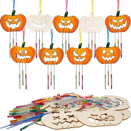 KALANKA-Lot de 9 carillons éoliens d'Halloween pour enfants - Kit de bricolage pour enfants - En bois - Décoration à suspendre à l'extérieur (B)