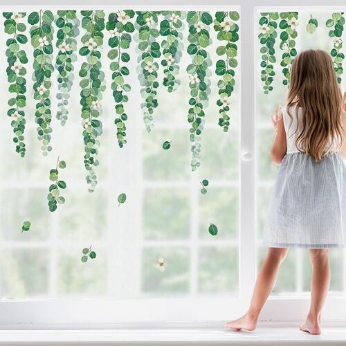 KALANKA-Autocollants Fenêtre Plantes Feuilles Vertes Anti-Collision Stickers Printemps Fleurs Été Pendaison Vigne Stickers Vitre Anti-Adhésifs Fenêtre Porte Salon Décalques