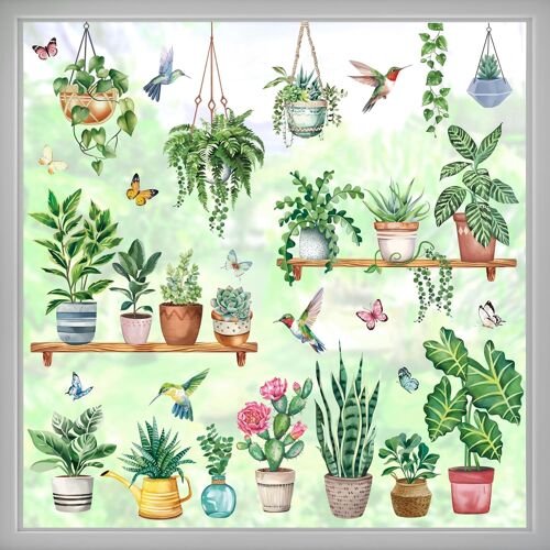 KALANKA-Stickers Fenetre Plante en Pot Autocollant Fenêtre Feuilles Tropicales Vertes Oiseaux Electrostatique Anti-Collision Décoration pour Printemps Été Vitre Stickers