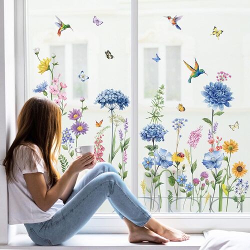 KALANKA-Stickers Fenetre Bleues Fleur de Jardin Printemps Autocollant Fenêtre Colibri Dahlia Floral Electrostatique Anti-Collision Décoration pour Printemps Été Vitre Stickers