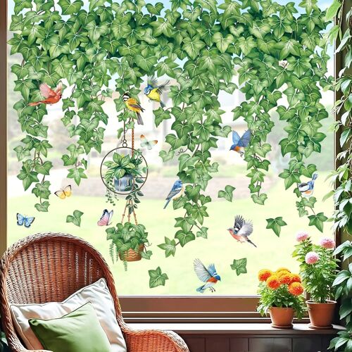 KALANKA-Autocollants Fenêtre Feuilles Pendaison Vigne Printemps Anti-Collision Stickers Lierre Feuilles Vert Oiseaux Stickers Vitre Anti-Adhésifs Fenêtre Porte Cuisine Décalques