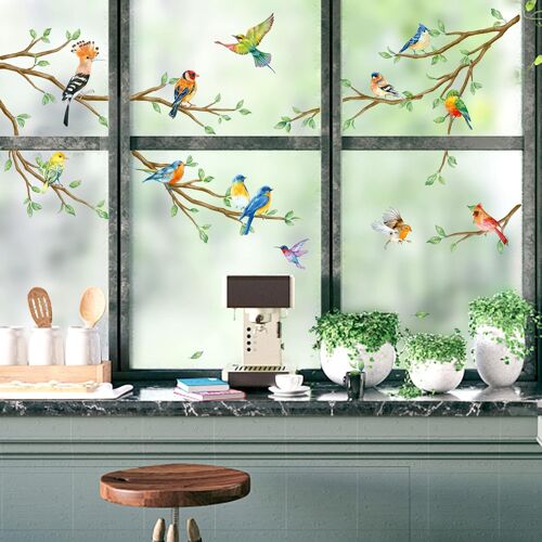 KALANKA-Autocollants Fenêtre Oiseaux sur Branche Arbre Printemps Anti-Collision Stickers Colibri Feuilles Vertes Stickers Vitre Anti-Adhésifs Fenêtre Porte Salle de Bain Décalques