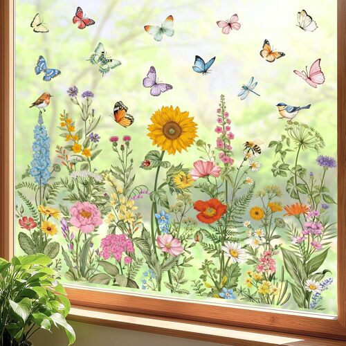 KALANKA-Autocollants Fenêtre Fleurs Sauvages Vintage Printemps Été Anti-Collision Stickers Plantes Vertes Papillon Tournesol Stickers Vitre Anti-Adhésifs Fenêtre Porte Cuisine Décalques