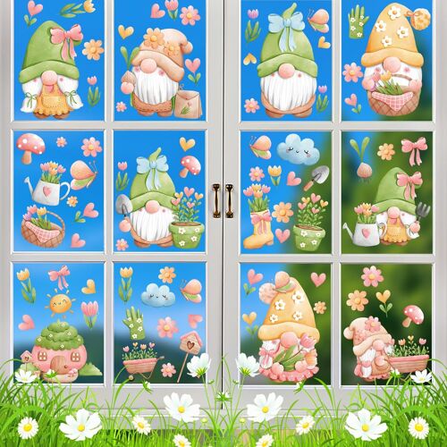 KALANKA-Stickers Fenetre Printemps Autocollant Fenetre 86 Pcs Gnome Fleur Papillon Electrostatique Réutilisable Impression Recto-Verso Décorations de Fenêtre Porte Miroir pour Maison Boutique