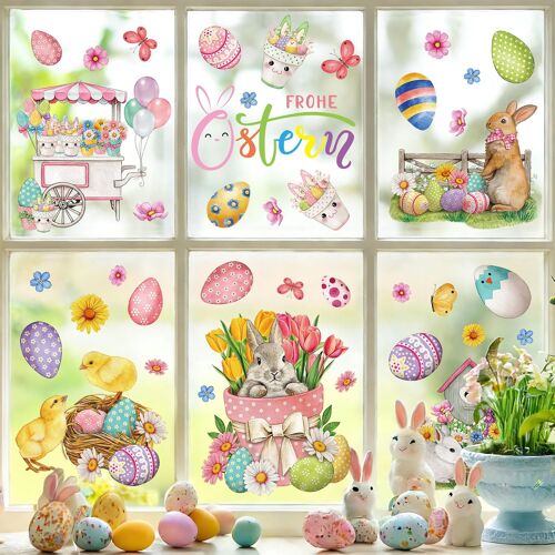 KALANKA-9 Feuilles Autocollants Fenêtre de Pâques Double Face Réutilisables, 70 PCS Stickers Gommettes Electrostatique avec Lapins,oeufs et Fleurs, Cadeau Pâques DIY Décor Magasin,Maison,École,Vitre