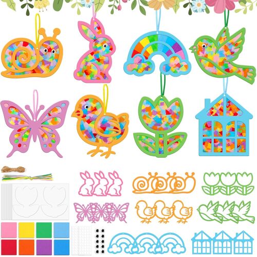 KALANKA-Stickers Fenetre Deco Printemps,24 DIY Bricolage Paques Enfant,Vitraux Activités Enfants Décoration Printemps,Stickers Fleurs Vitre Autocollant Oiseaux pour Fenêtre Porte,Cadeau Enfants