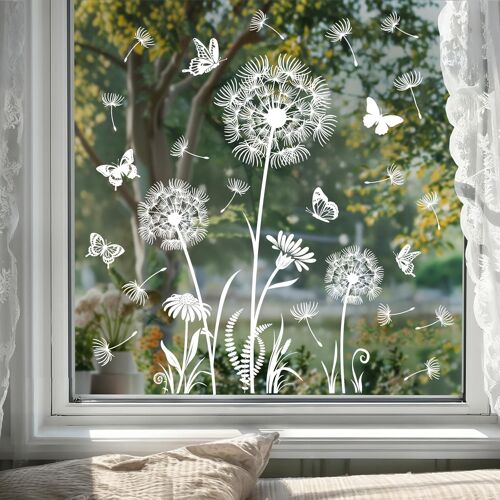 Kalanka-Blanc Pissenlit Autocollant Fenêtre Fleurs Papillon Sticker Fenêtre Anti-Collision Printemps Eté Autocollant Pour Fenêtre Porte Vitrée Décor