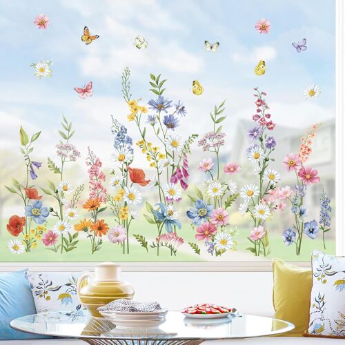 KALANKA-Stickers Fenetre Fleurs Printemps été Autocollant Fenêtre Fleur Sauvage Marguerite Electrostatique Anti-Collision Décoration pour Printemps Été Vitre Stickers