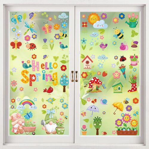 KALANKA-115 Pièces Autocollants de Fenêtre Printemps, 9 Feuilles Décoration de Gnome Fleur Papillon Oiseaux Abeilles Parapluies PVC Autocollants Décoration de Printemps