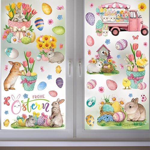 KALANKA-Stickers Fenetre Paques Autocollants Décoration, 9 Pièces Stickers Vitre Pâques pour Décorations Portes, ?ufs Couronne Lapin de Pâques