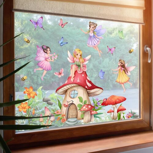 KALANKA-®- Stickers fenêtre fille FÉE & CHAMPIGNON (80x43 cm) I Stickers vitres décoratifs autocollant fenêtre elfes princesse I Décoration chambre fille fenêtre printemps été statique