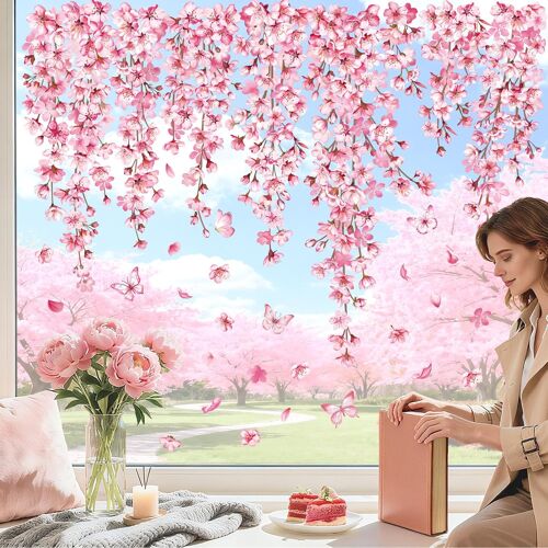 KALANKA-Autocollants Fenêtre Fleur de Cerisier Printemps Anti-Collision Stickers Floral Vigne Rose Plantes Papillons Stickers Vitre Anti-Adhésifs Fenêtre Porte Cuisine Décalques