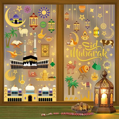 KALANKA-Autocollants de Fenêtre Ramadan Kareem Eid Mubarak ¿ Stickers Électrostatiques Réutilisables avec Motifs Lune, Étoiles et Mosquée ¿ Décoration de Fête pour Vitrine, Porte, Verre et Maison