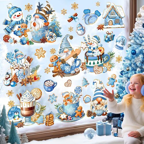 KALANKA-Autocollants Fenêtre Noël Gnomes Bleu Anti-Collision Stickers Biscuits de Noël Bonhomme de Neige Stickers Vitre Anti-Adhésifs Fenêtre Réutilisable Electrostatique Cuisine Fête Décoration
