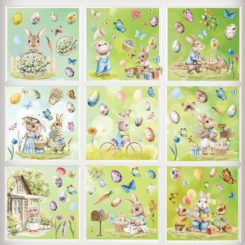 KALANKA-Lot de 9 feuilles d'autocollants pour fenêtre de Pâques - Réutilisables - Statiques - ?ufs de lapin de Pâques - Poussin, carotte et papillon - Décorations de fête de Pâques