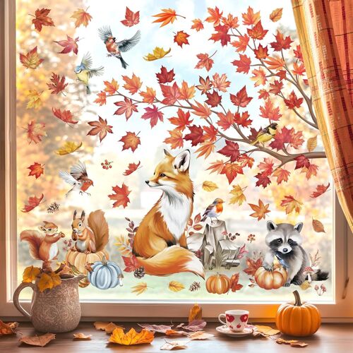 KALANKA-Stickers Fenetre Animaux Forêt Autocollant Fenêtre Automne Érable Feuilles Arbre Branche Renard Écureuil Electrostatique Anti-Collision Décoration pour Automne Vitre Stickers