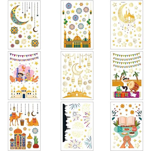 KALANKA-9 feuilles Autocollants Auto-adhésifs, Autocollant de Fenêtre Eid Mubarak, Fenêtre pour l'Aïd al-Fitr, Ramadan Kareem Mubarak, Décoration 2026, Étoile Lune Stickers Fenetre, Fête Réutilisable