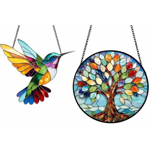 KALANKA-Attrape-Soleil Coloré 2 Pièces pour Fenêtre ¿ Suspension Décorative Colibri Vitrail et Arbre de Vie Rond, Décoration Lumineuse pour Maison, Salon, Jardin et Balcon