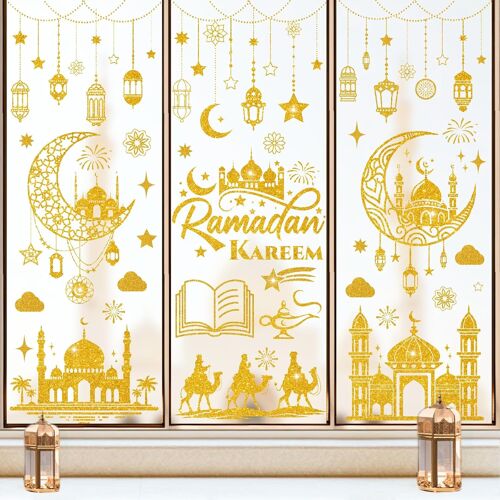 KALANKA-Lot de 9 feuilles d'autocollants décoratifs pour fenêtre Ramadan Mubarak - Croissant de lune et étoiles - Aïd Mubarak - Pour fête islam musulmane