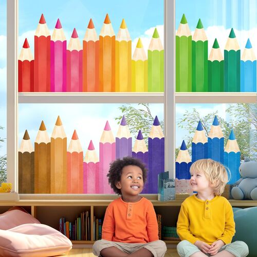 KALANKA-CDS9-9005 27 Autocollants Statiques Vitre Crayons Couleur Arc-en-Ciel Colorés Réutilisables Imperméables Vitres Décoration Classe Enfants Pépinière Fenêtre Maison - Impression Double Face