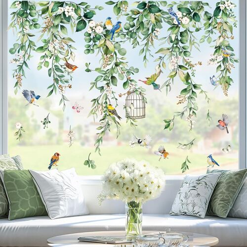KALANKA-Stickers Fenetre Feuilles de Vigne Verte Autocollant Fenêtre Pendantes Feuilles Plantes Fleurs Oiseaux Electrostatique Anti-Collision Décoration pour Printemps Été Vitre Stickers