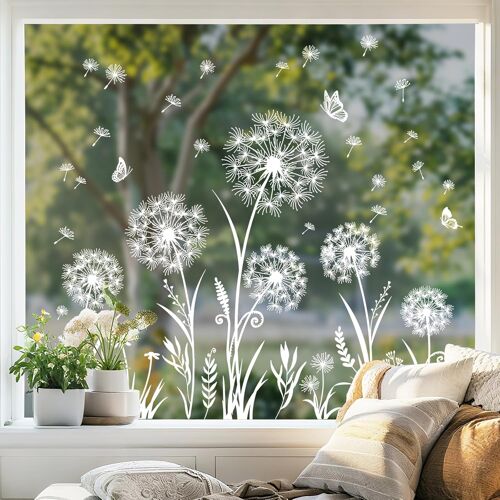 KALANKA-Blanc Pissenlit Stickers Fenêtre Fleurs Papillons Autocollant Fenêtre Anti-Collision Printemps Eté Sticker Vitre pour Chambre Salon Cuisine Magasin Vitrine Décoration