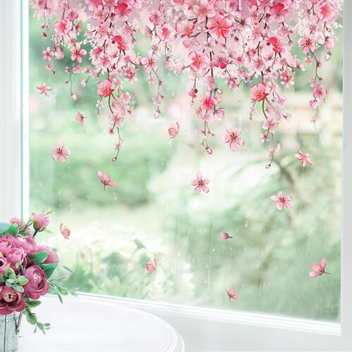 KALANKA-Stickers Fenetre Fleur Cerisier Autocollant Fenetre Fleurs Suspendues Rose Printemps Appliques Sticker Fenetre Réutilisables de Porte Vitre Fenêtre en Verre Antistatique Double Face