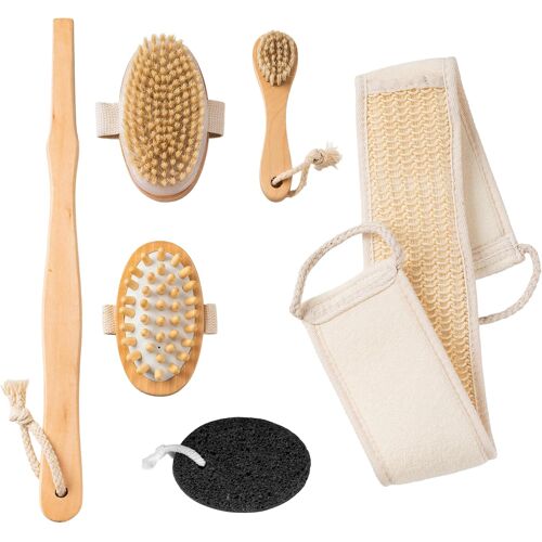 Kalanka-6 Pcs Ensemble De Brosses À Sec Corporel - Ensemble Brosse Corps Long Manche En Bois Avec Pierre Ponce & Brosse Visage & Gant Exfoliant, Brosse De Gommage Douche À Soies De Sanglier Pour Exfo 