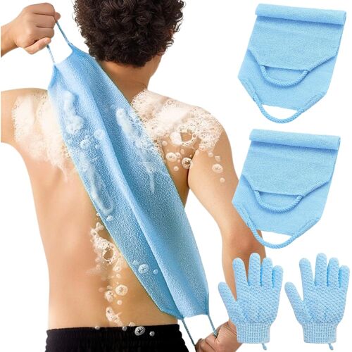 Kalanka-Gant Exfoliant Corps Set, 2 Pièces De Gants Exfoliants Et 2 Pièces De Brosse Pour Le Dos Douche, Brosse Dos Douche Et Gant Gommage Corps Pour Usage Le Corps, Le Visage Et Le Bain (Bleu) 