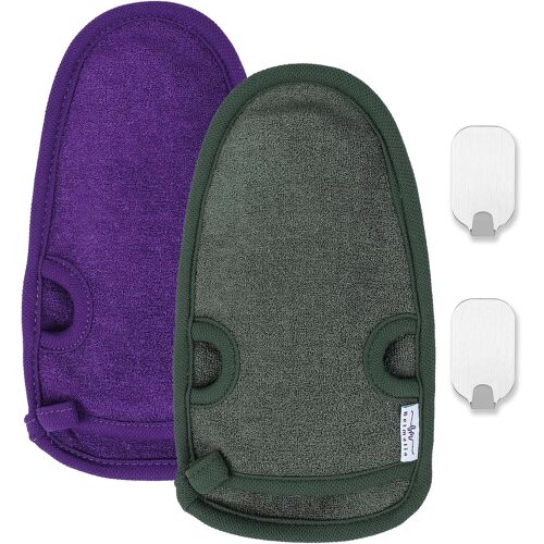 Kalanka-2x Gant Exfoliant Naturel Pour Corps Et Visage | Élimine Les Cellules Mortes, Purifie La Peau - Idéal Pour Hammam, Spa | Gants Gommage Corps Avec 2 Crochets Métalliques | Violet + Vert 