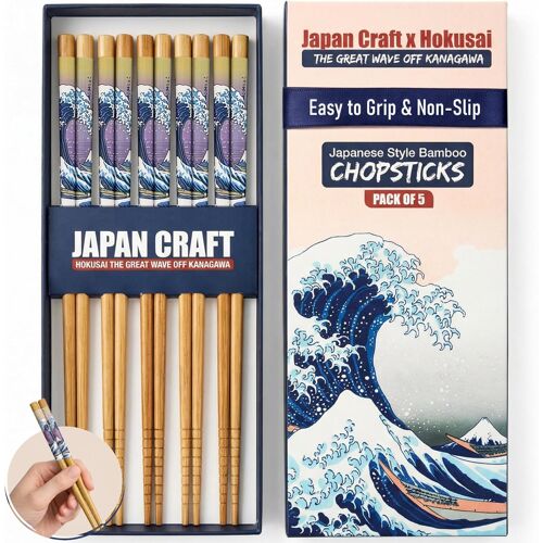 Kalanka-Baguettes Japonaises En Bambou ¿ Design La Grande Vague Inspiré De Katsushika Hokusai ¿ Baguettes Réutilisables Alimentaires Pour Sushi, Ramen Et Cuisine Asiatique Du Quotidien ¿ Lot De 5 Pai