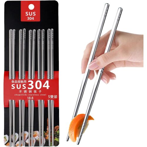 Kalanka-Lot De 5 Paires De Baguettes En Acier Inoxydable, Réutilisables, Réutilisables, Passent Au Lave-Vaisselle, Baguettes En Métal