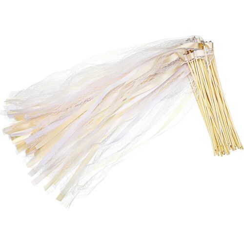 KALANKA-30 Pièces Baguettes de Mariage, Baguette Ruban Mariage avec Cloches, Dentelle Blanche Bâton de Ruban de Mariages, pour Décoration de Mariages, Fête D'Anniversaire,Noël Fêtes(Beige)