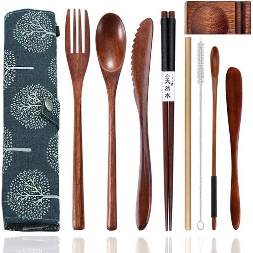 Kalanka-Ustensiles De Voyage En Bambou Réutilisables Avec Étui, 9 Couverts En Bois Durable, Cuillères, Fourchettes Et Baguettes, Ensemble De Couverts En Bois Avec Couteau, Fourchette, Cuillère,