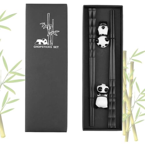 Kalanka-2 Paires De Baguettes Chinoises Réutilisables En Fibre De Verre En Forme De Bambou Avec Repose-Baguettes Panda Mignon En Céramique