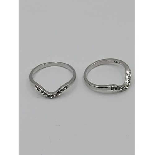 Lot De 2 Bagues Métal Argenté,Forme Vague ,Strass Transparent ,Taille 18.47 Mm Et 19.43 Mm
