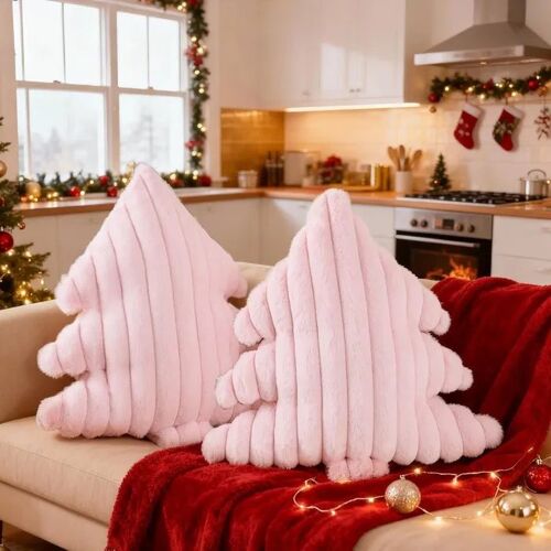 Lot De 2 Coussins Décoratifs Forme Sapin De Noël Tissu Rayures Verticales Rose 45,5 X 40,5 Cm Housse Décorative Coton Pp