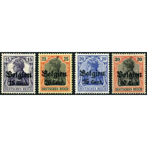 Allemagne, Occupation De La Belgique 1916, Beaux Timbres Yvert 16 17 18 19, Types Germania Surchargés "Belgien" Et Nouvelle Valeur En Cent., Neufs*