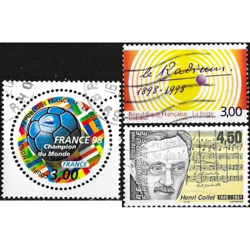 France 1998, Beaux Timbres Yvert 3139 Coupe Du Monde De Football, 3163 Henri Collet, Compositeur Et 3210 100 Ans De La Découverte Du Radium Par Pierre Et Marie Curie, Oblitérés, Tbe.