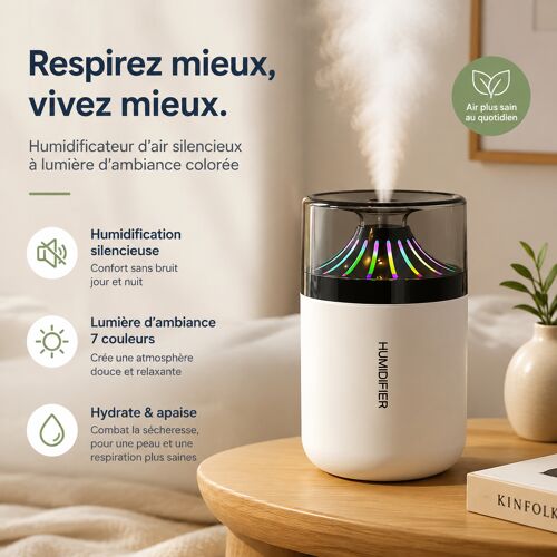 Mini humidificateur Portable, petit humidificateur à Brume Fraîche USB de 300 ml avec lumières Colorées. Parfait pour Chambre à coucher, Bureau, Plantes, voyage et voiture (Blanc)