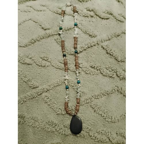 Collier Artisanal En Noix De Coco/Pierre/Tagua Bleu/Marron Neuf.