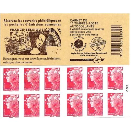 France 2008, Très Belle Bande Carnet 12 Timbres Neufs** Luxe Yvert 4197, Marianne De Beaujard Autoadhésif Rouge, Validité Permanente, Pour Collection Ou Affranchissement.