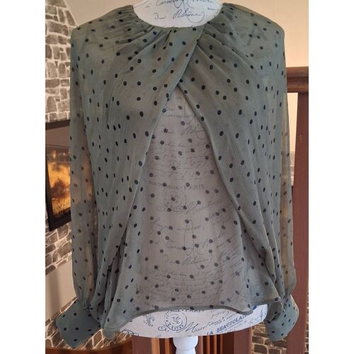 Blouse Transparente Kaki À Pois Noirs Avec Les Manches Évasées