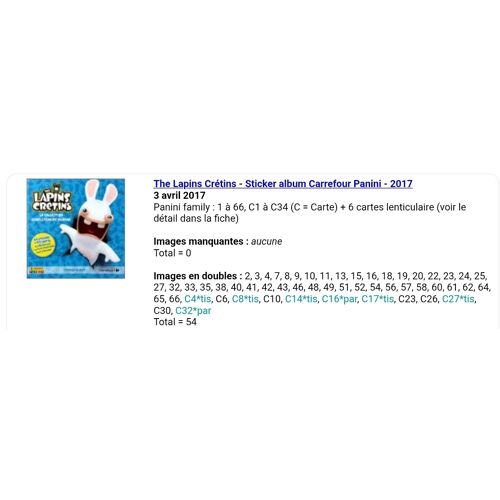 The Lapins Crétins - Sticker Album Carrefour Panini - 2017 - Liste Des Images Pour Un Lot