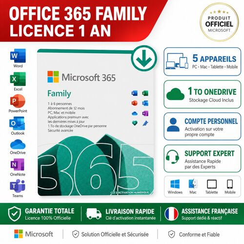 Microsoft Office 365 Family Licence 1 An + 1 To Stockage Onedrive Incluse - Idéal Pc/Mac/Tablette